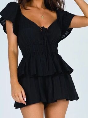 Princess Polly Black Tiered Mini Dress Romper with Flutter Sleeves